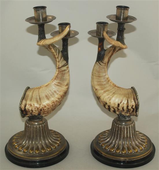 Anthony Redmile. A pair of rams horn and silver plated candlesticks, 14.25in.